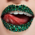Green lips covered with rhinestones